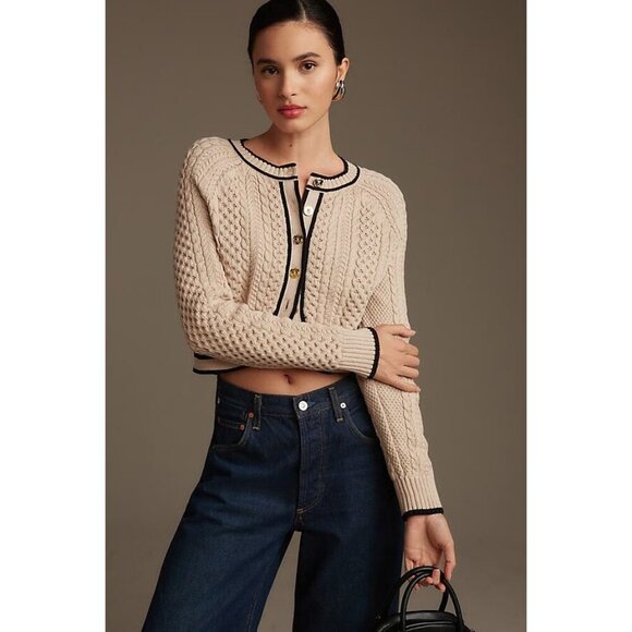 NEW Mare Mare x Anthropologie Cable-Knit Cardigan Sweater Size XS Cotton Tan - Picture 1 of 9